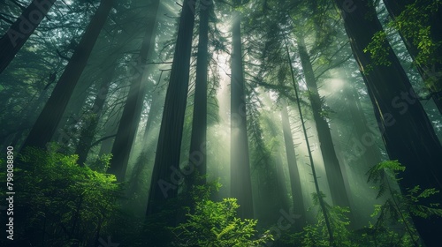 Soft light filtering through a canopy of towering redwoods  the fog adding a mystical quality to the lush  green forest understory