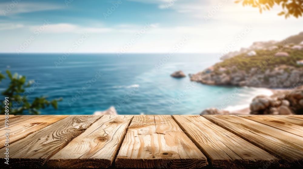 Stunning photo of a wooden table offering an unobstructed view of the deep blue sea, a remote island, and the sky above, captured in high resolution
