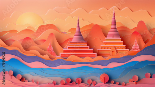 Artistic rendering of a landscape with stylized Thailand Buddhist temples, rolling colorful hills under a warm sunset sky in a pastel palette. © Na-No Photos