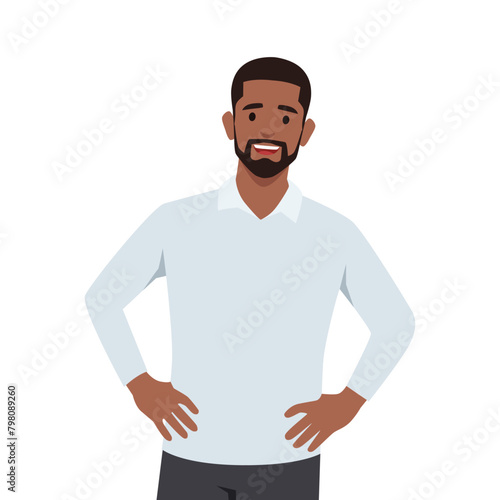 Young Self confident black man stands in a heroic pose. Flat vector illustration isolated on white background