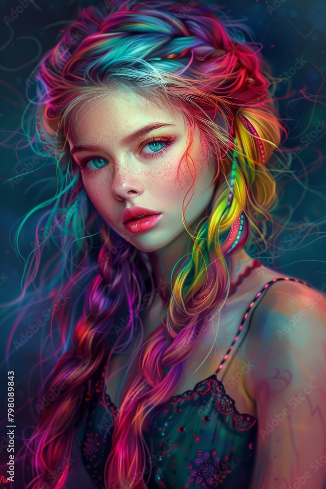A stunning digital portrait painting of a mystical young woman with vibrantly colored braided hair A stunning digital portrait painting of a mystical young woman with vibrantly colored braided hair