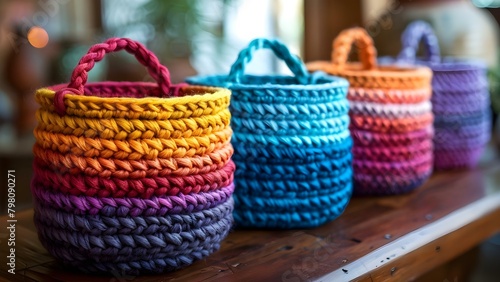Handmade multicolor yarn baskets made of ecofriendly materials for home storage. Concept Handmade Crafts, Eco-Friendly Home Decor, Yarn Baskets, Storage Solutions, Sustainable Living