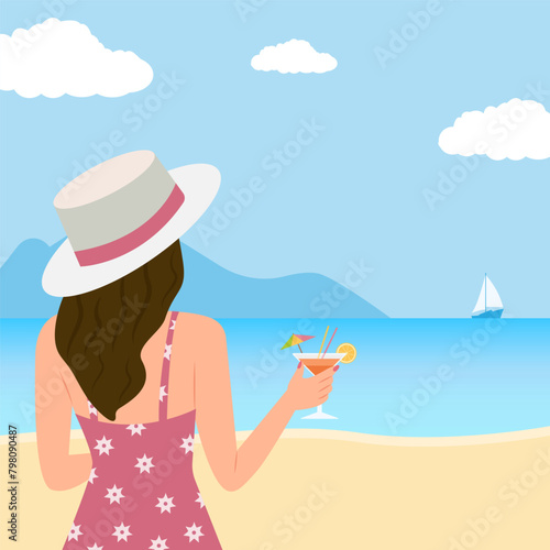 Beach scene. Happy girl with cocktail glass looking at the sea.
Tropical beach landscape. Summer vacation. Vector flat illustration