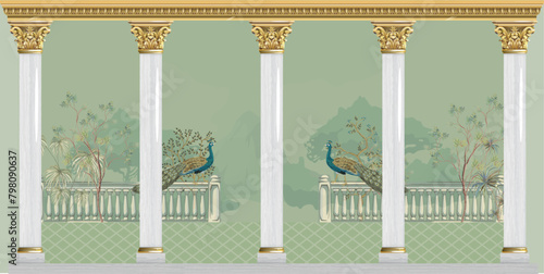 Baroque-style garden arch peacock landscape wallpaper. Mural art wallpaper illustrations.