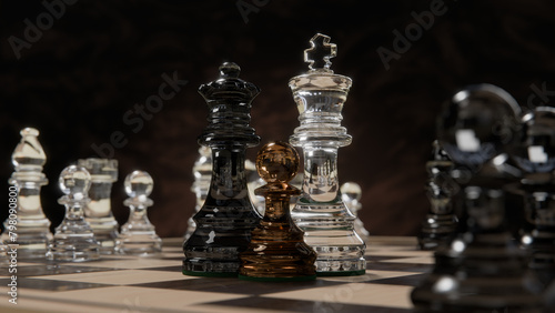 Realistic glass chess game featuring male female and kid figures on wooden checkerboard symbolizing multiracial relationship concept