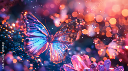 Iridescent crystal butterflies, crystal clear and dazzling light background, anime aesthetic style, dreamy atmosphere