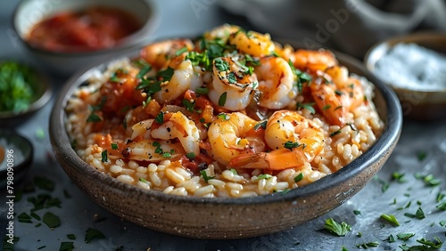 Traditional Italian seafood risotto recipe with Mediterranean flavors delizioso in the style of Minimalist Music centered copy space. Concept Traditional Italian Seafood Risotto Recipe photo