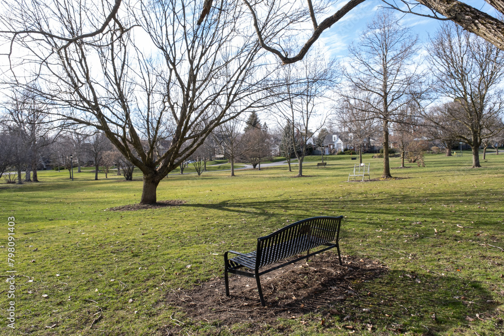 Bench in the spring park small town Bench in the spring park small town