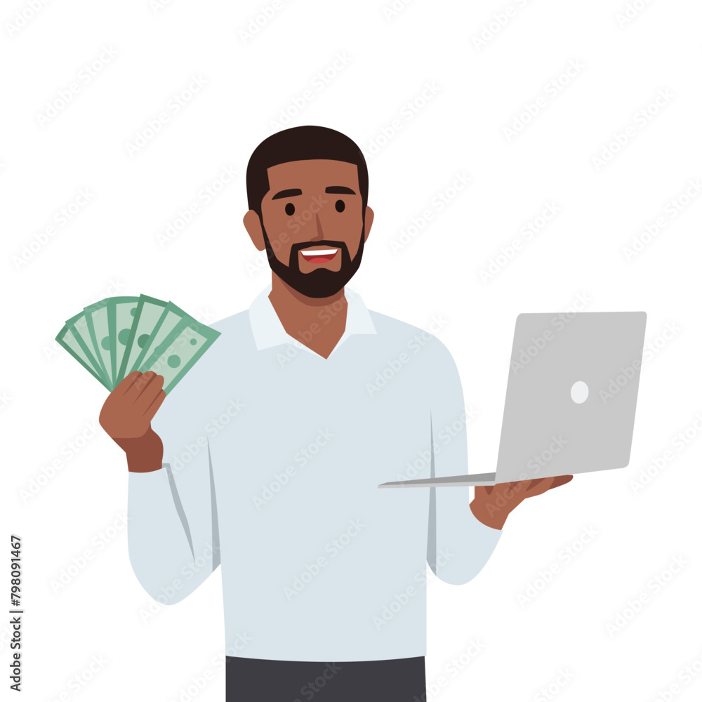 Young man making money in internet concept. Winning plenty of money in social media on laptop. Holding cash. Flat vector illustration isolated on white background Young man making money in internet concept. Winning plenty of money in social media on laptop. Holding cash. Flat vector illustration isolated on white background