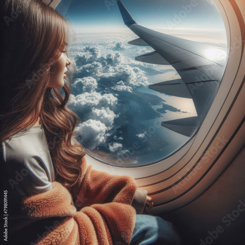 Contemplative young girl reflected in an airplane window while traveling