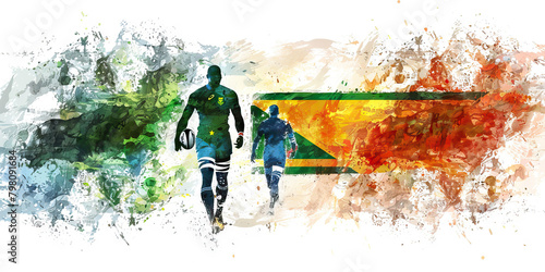 South African Flag with a Safari Guide and a Rugby Player - Visualize the South African flag with a safari guide representing South Africa's wildlife and nature and a rugby player