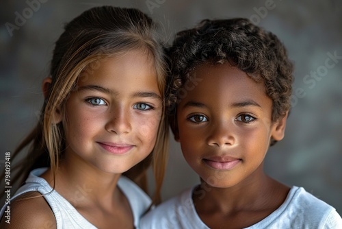 young boy and girl pose together for picture multicultural