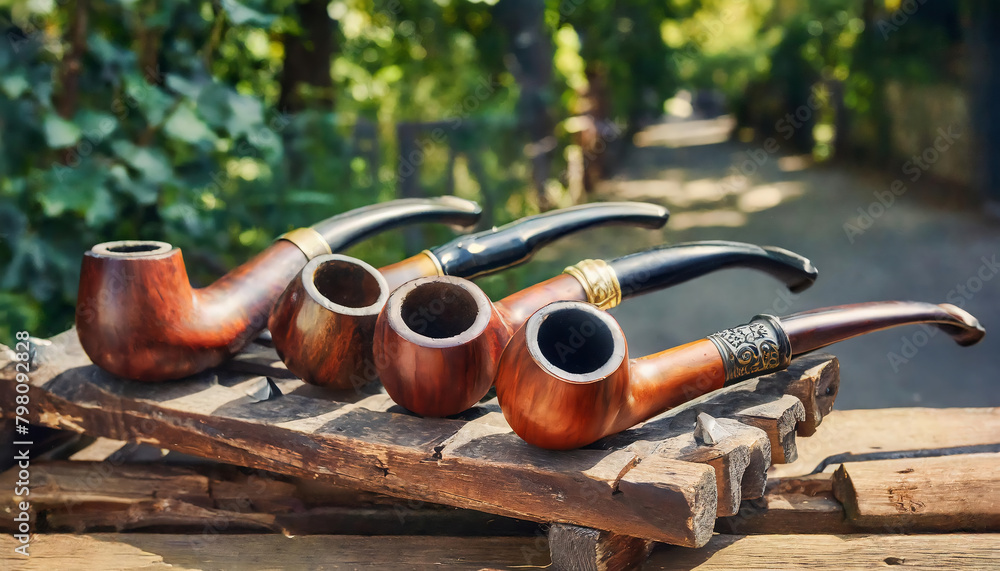 Tobacco pipe collection on a wooden table in the garden on wooden desk