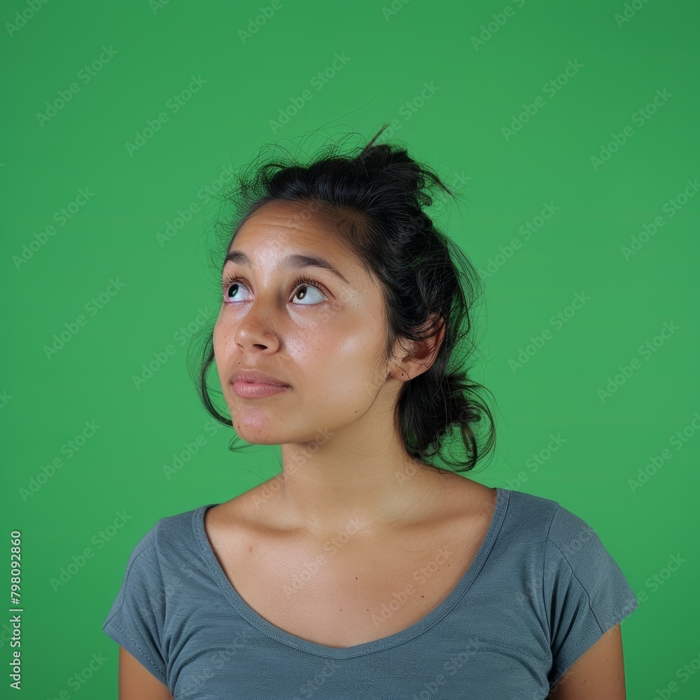 Fototapeta premium Hopeful Reflections: Young Latin Woman Looking Up with Quiet Anticipation