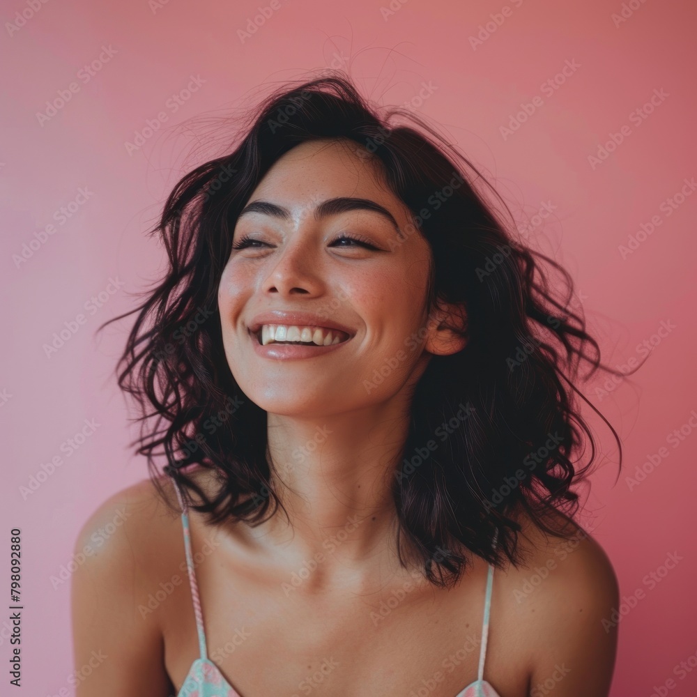 Playful Charm: Young Latin Woman with a Gleeful Smile Against Pink Background Playful Charm: Young Latin Woman with a Gleeful Smile Against Pink Background