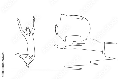 Continuous one line drawing Arab businessman happy to get a piggy bank from giant hand. Board of directors trust. Turning investments into amazing profits. Single line draw design vector illustration