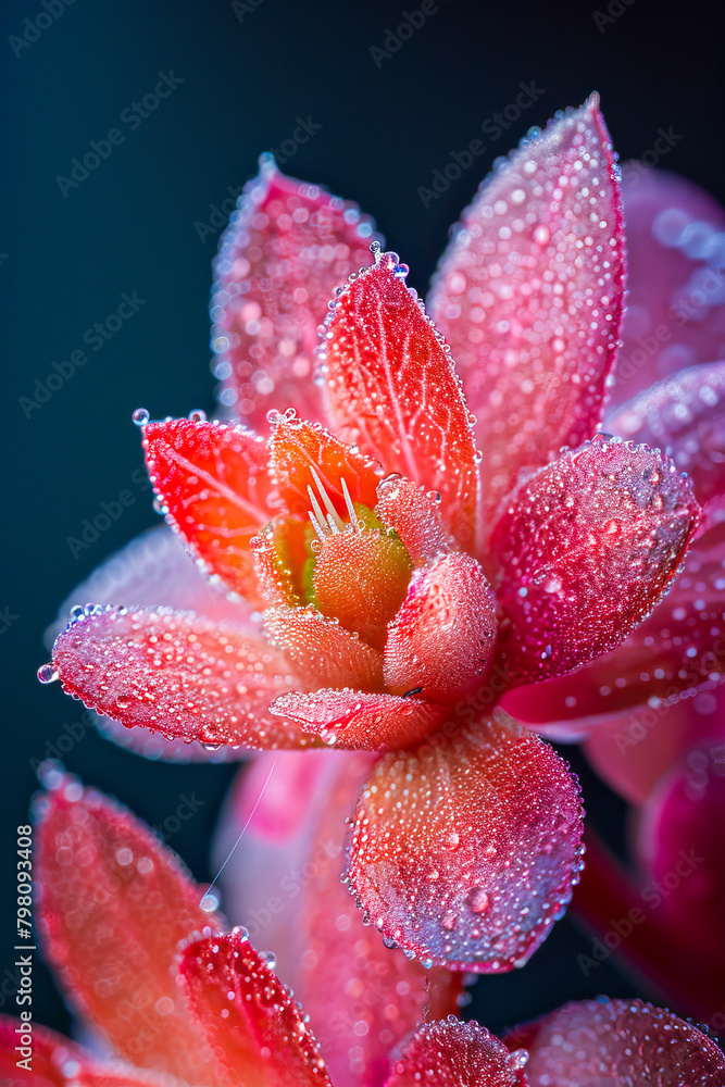 Dew-covered flower at macro view Dew-covered flower at macro view