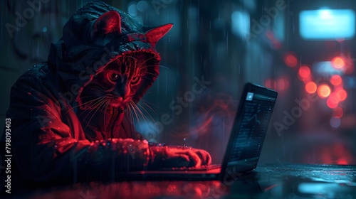the elegance and mystery of an abstract cat hacker as they work diligently on their laptop, their silhouette a silhouette against the backdrop of a darkened room photo