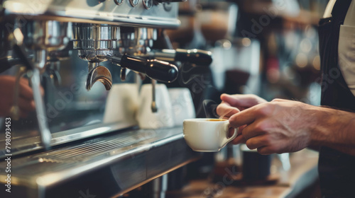 A barista is making coffee for a customer. The barista is wearing a black apron and is holding a white coffee cup. The coffee machine is located behind the barista  and there are several cups