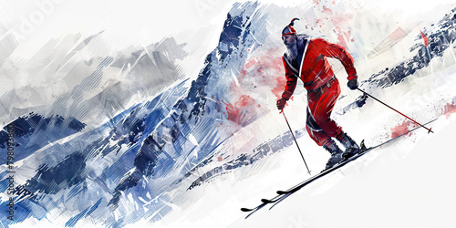 Norwegian Flag with a Viking and a Cross-Country Skier - Visualize the Norwegian flag with a Viking representing Norway's Viking heritage and a cross-country skier