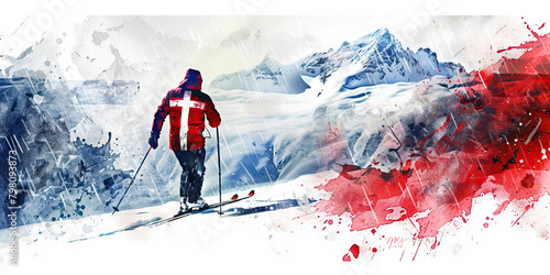 Norwegian Flag with a Viking and a Cross-Country Skier - Visualize the Norwegian flag with a Viking representing Norway's Viking heritage and a cross-country skier photo