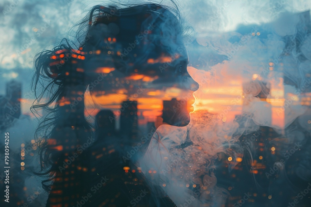 Obraz premium Urban Twilight: Double Exposure of Skyscrapers and Woman's Silhouette