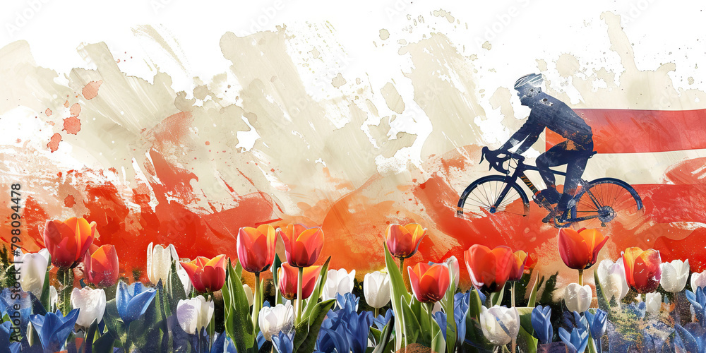  Dutch Flag with a Cyclist and a Tulip Farmer - Picture the Dutch flag with a cyclist representing the country's cycling culture and a tulip farmer 