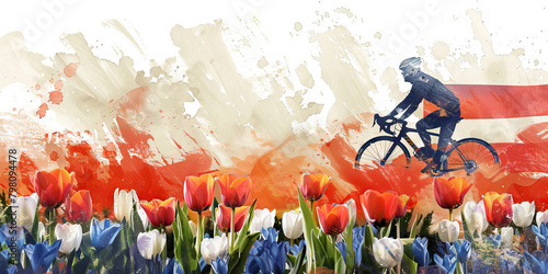  Dutch Flag with a Cyclist and a Tulip Farmer - Picture the Dutch flag with a cyclist representing the country's cycling culture and a tulip farmer  #798094478