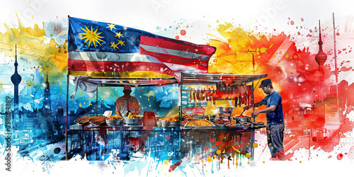 Malaysian Flag with a Batik Artist and a Satay Vendor - Imagine the Malaysian flag with a batik artist representing Malaysia's textile art and a satay vendor photo