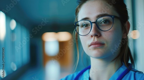 A woman wearing a blue scrub suit and glasses. Suitable for medical and healthcare concepts