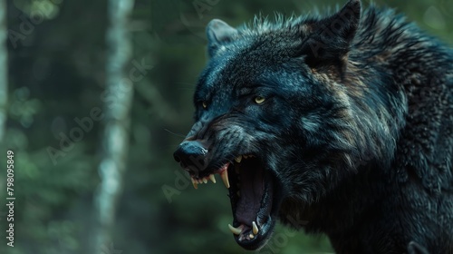 intense closeup: majestic black wolf roaring with powerful presence, dramatic teeth exposed, blurred wilderness background - wildlife photography