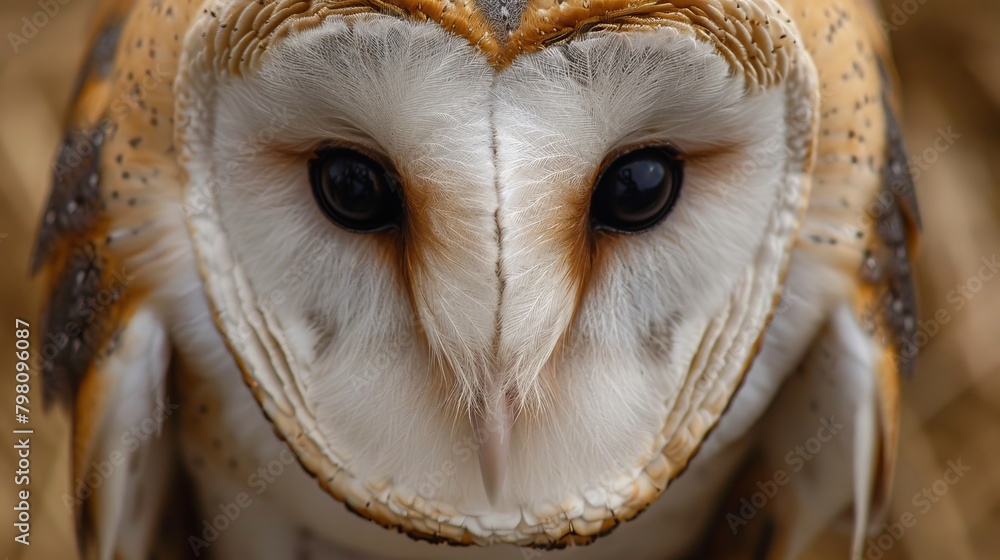 Naklejka premium Close-up capture of majestic common barn owl (tyto albahead) revealing intricate details of its stunning plumage