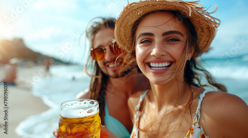Fun beach summer youth friend young woman group friendship happiness drink beer vacation sea couple together man lifestyle holiday.