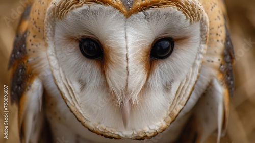 Close-up capture of majestic common barn owl (tyto albahead) revealing intricate details of its stunning plumage photo
