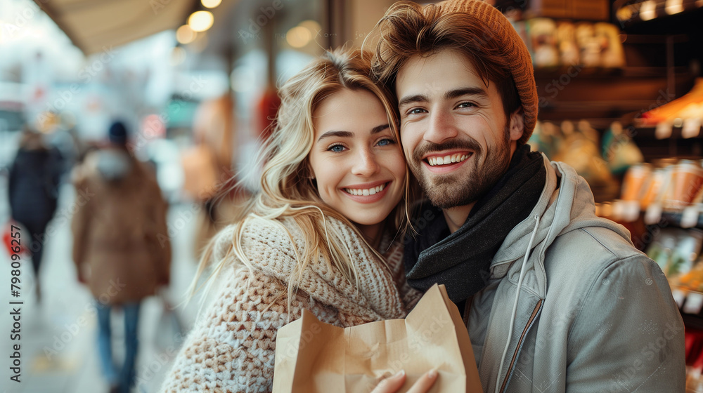 Beautiful young loving couple while shopping.