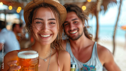 Fun beach summer youth friend young woman group friendship happiness drink beer vacation sea couple together man lifestyle holiday. © aekkorn