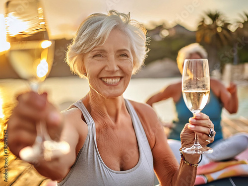 Older women doing sports and enjoying a glass of sparkling wine photo