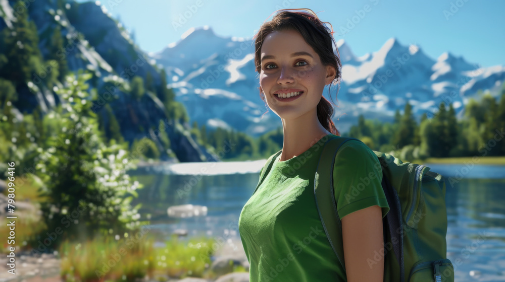 beautiful hiker along the riverside wearing green t-shirts, smiling and facing toward camera