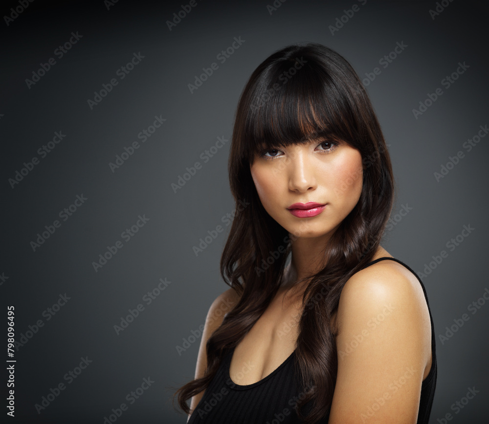 Asian, woman and portrait on studio backdrop for beauty, cosmetics and skincare. Female makeup artist, dermatology and makeover by dark background for glow, healthy skin and spa treatment for mockup Asian, woman and portrait on studio backdrop for beauty, cosmetics and skincare. Female makeup artist, dermatology and makeover by dark background for glow, healthy skin and spa treatment for mockup