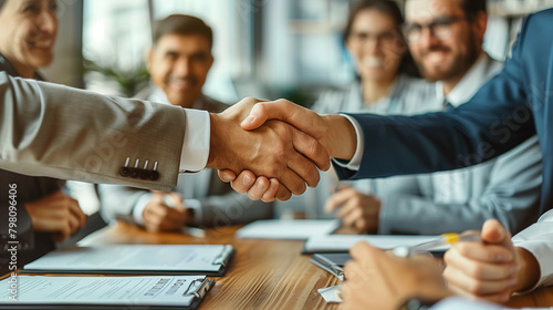 Young business people meeting office handshake hand shake shaking hands teamwork group contract signing agreement document signature paperwork success corporate senior mature.