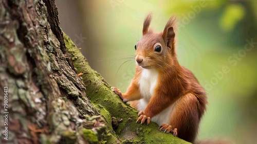 Curious red squirrel sitting on tree trunk in autumn forest habitat  wildlife photography with vibrant colors and natural beauty  close-up of cute small rodent exploring nature  peaceful wildlife scen