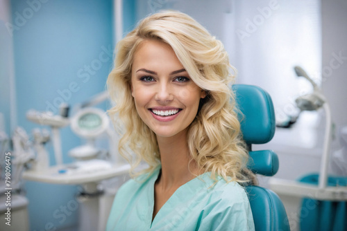 Portrait of a smiling dentist of a woman in the dentist's office.