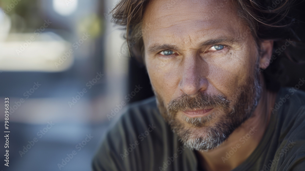 style photo of a 40 year old man with very straight brown hair, he has Native American facial features, brown beard, light brown skin style photo of a 40 year old man with very straight brown hair, he has Native American facial features, brown beard, light brown skin