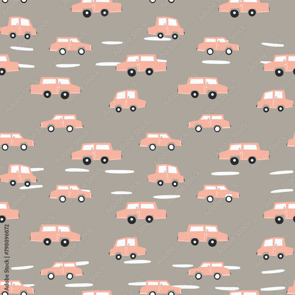 Naklejka premium Seamless pattern with cute car on color background. Cartoot transport. Vector illustration. Doodle style. Design for baby print, invitation, poster, card, fabric, textile