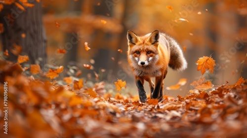 Vibrant red fox amidst autumn's splendor: vulpes vulpes in czech forest. Stunning wildlife portrait of agile fox running through fall foliage