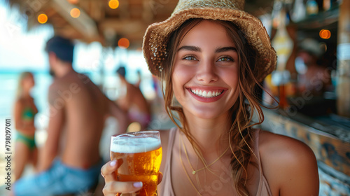 Fun beach summer youth friend young woman group friendship happiness drink beer vacation sea couple together man lifestyle holiday.