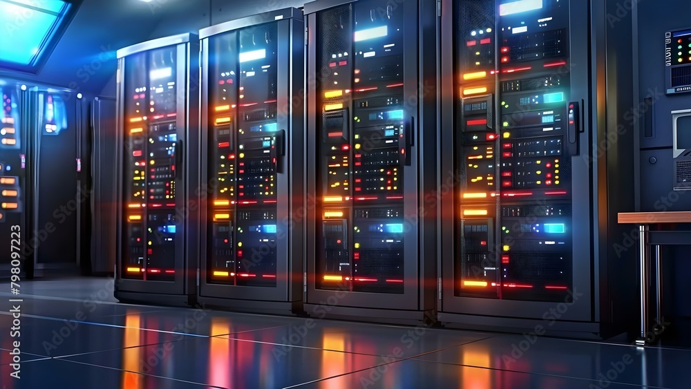 Data center server room with multiple server racks for network equipment. Concept Server Racks, Network Equipment, Data Center, Server Room, Technology