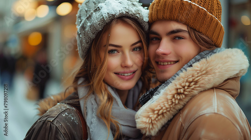 Beautiful young loving couple while shopping.