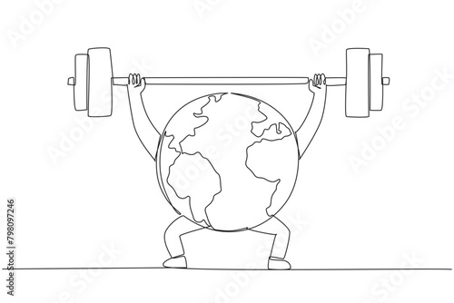 Single continuous line drawing globe lifts barbell with both hands. The strongest to protect the earth. Clean earth makes the body strong. Fight to protect earth. One line design vector illustration