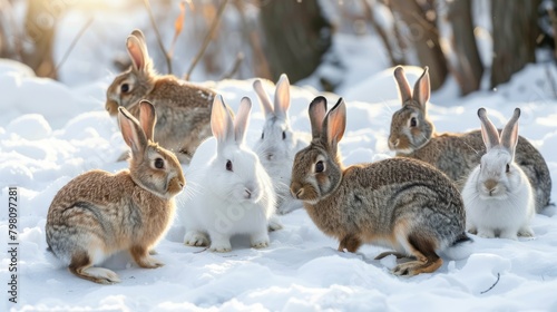 Assorted domestic rabbits frolicking in winter wonderland snow on farm - cute bunny variety in chilly weather scene 